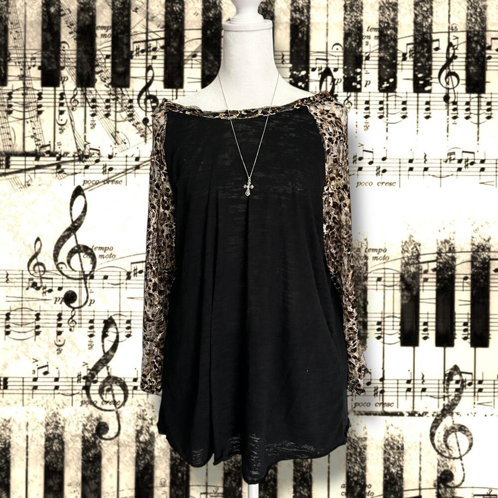 Black top with leopard mesh sleeves
